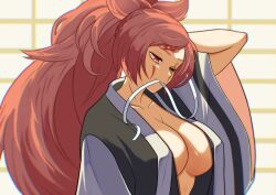 Rule 34 | 1girl, arc system works, artist request, baiken, breasts, cleavage, facial tattoo, female focus, guilty gear, highres, jacket, japanese clothes, kimono, large breasts, long hair, matching hair/eyes, pink eyes, pink hair, ponytail, scar, scar across eye, scar on face, solo, tattoo