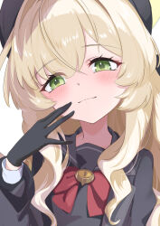 1girl absurdres beret black_coat black_gloves black_hat black_sailor_collar blonde_hair blue_archive blush bow bowtie closed_mouth coat commentary_request crossed_bangs eyelashes gloves green_eyes hair_between_eyes halo hand_to_own_mouth hand_up hat highres long_hair looking_at_viewer ojou-sama_pose open_clothes open_coat partial_commentary professor_niyaniya_(blue_archive) red_bow red_bowtie revision sailor_collar school_uniform serafuku side_ahoge sidelocks simple_background solo suezu1022 tareme thick_eyelashes wavy_hair white_background yellow_halo