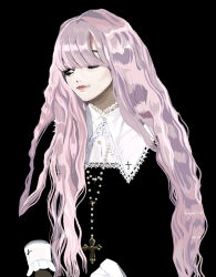 1girl black_background black_shirt blending blunt_bangs brown_eyes collar cross cross_necklace embroidery frilled_shirt_collar frills jewelry latin_cross long_hair looking_to_the_side necklace one_eye_closed original pale_skin pearl_necklace pink_lips puritan_collar purple_hair shirt smile solo sparkle upper_body ushimooshi wavy_hair white_collar