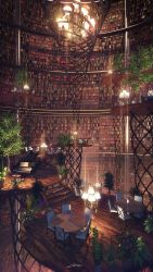 book bookshelf cafeteria chair chandelier commentary flower highres indoors instrument lamp library no_humans original piano plant potted_plant round_table scenery signature spiral stairs stool table tree vase waisshu_(sougyokyuu) wooden_floor