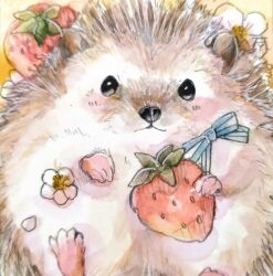 absurdres animal animal_focus blush close-up commentary flower fluefluekoubo26 food fruit hedgehog highres looking_at_viewer no_humans original painting_(medium) sitting strawberry strawberry_blossoms traditional_media watercolor_(medium)