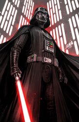 1boy black_cape black_gloves black_helmet cape darth_vader david_nakayama energy_sword from_below gloves helmet highres holding holding_sword holding_weapon initial lightsaber red_lightsaber solo star_wars sword weapon