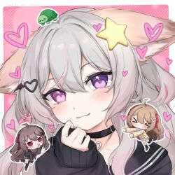&gt;_&lt; 1boy 3girls absurdres ahoge animal_ears annytf aqua_bow aqua_bowtie asymmetrical_legwear bandaid bandaid_on_knee bandaid_on_leg black_cardigan black_collar black_sailor_collar black_skirt black_socks black_thighhighs blue_sailor_collar blue_skirt bow bowtie broken_heart broken_heart_hair_ornament brown_hair cardigan chibi closed_mouth collar collarbone commentary english_commentary evil_neuro-sama fox_ears fox_girl hair_between_eyes hair_ornament hair_ribbon heart heart_hair_ornament heterochromia highres indie_virtual_youtuber jitome loafers long_hair multicolored_hair multiple_girls neuro-sama pink_eyes pink_hair pleated_skirt portrait purple_eyes red_bow red_bowtie red_eyes red_ribbon ribbon sailor_collar shoes simple_background skirt smile socks star_(symbol) star_hair_ornament streaked_hair tanoki233 thighhighs turtle uneven_legwear vedal987 virtual_youtuber white_hair yellow_cardigan