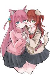 Rule 34 | 2girls, animal ears, black skirt, blue eyes, bocchi the rock!, brown shirt, cat ears, cat girl, cat tail, cheek-to-cheek, closed mouth, commentary, dog ears, dog girl, dog tail, gotoh hitori, green eyes, harutia y, heads together, heart, heart-shaped pupils, highres, holding hands, interlocked fingers, jacket, kemonomimi mode, kita ikuyo, long hair, long sleeves, looking at viewer, multiple girls, one-piece swimsuit, open mouth, pink hair, pink jacket, pleated skirt, red hair, school uniform, shirt, shuka high school uniform, simple background, skirt, smile, swimsuit, symbol-shaped pupils, tail, track jacket, white background, yuri