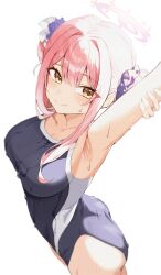 1girl 46_coffee arm_up armpits ass blue_archive blue_one-piece_swimsuit blush breasts closed_mouth collarbone commentary double_bun flower hair_bun hair_flower hair_ornament hair_ribbon hair_scrunchie halo highres large_breasts mika_(blue_archive) no_wings one-piece_swimsuit pink_hair pink_halo purple_flower purple_scrunchie ribbon scrunchie simple_background smile solo stretching sweat swimsuit thighs white_background white_ribbon yellow_eyes