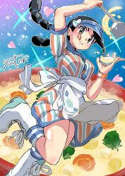 1girl :p apron artist_name black_hair blue_hat braid brown_eyes candice_(palentine&#039;s_2024)_(pokemon) candice_(pokemon) dress eyelashes hat heart highres holding holding_ladle holding_plate ladle leg_up long_hair looking_at_viewer nintendo official_alternate_costume plate pokemon pokemon_masters_ex shoes short_sleeves solo stew tongue tongue_out twin_braids visor_cap waist_apron white_apron white_shoes you_bird
