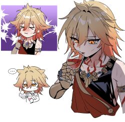 ... 1boy absurdres aged_down child cm_(tenji1352) collarbone cup drinking_glass highres holding holding_cup honkai:_star_rail honkai_(series) male_focus medium_hair milk_carton mydei_(honkai:_star_rail) orange_hair red_tattoo simple_background solo spoken_ellipsis upper_body white_background wine_glass x_mouth