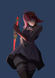 1girl absurdres ahoge black_dress black_thighhighs blue_background changli_(wuthering_waves) closed_mouth dazhangjiao dress flower hair_flower hair_ornament highres holding holding_sword holding_weapon looking_at_viewer red_hair simple_background solo sword thighhighs weapon wuthering_waves yellow_eyes
