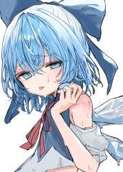 1girl bare_shoulders blue_bow blue_eyes blue_hair blue_shirt blush bow cirno fairy from_side hair_between_eyes highres ice ice_wings looking_at_viewer medium_hair mikan_(manmarumikan) shirt solo sweat sweatdrop tongue tongue_out touhou upper_body white_background wings
