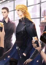 1girl 2boys aiguillette aircraft airplane asian belt belt_buckle black_belt black_jacket black_pants black_shirt blonde_hair blue_jacket buckle character_request city collared_jacket collared_shirt copyright_request day earrings expressionless from_side grey_eyes hair_between_eyes highres indoors jacket jacket_on_shoulders jewelry lapels light_particles long_hair long_sleeves male_focus multiple_boys notched_lapels pants pink_lips pinstripe_jacket pinstripe_pattern shirt sky solo_focus taking_picture tassel thick_eyebrows thick_lips two-sided_fabric two-sided_jacket white_sky window ye_dian_pikaqiu