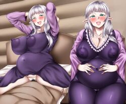 1boy 1girl arms_behind_head big_belly blush breasts covered_erect_nipples cowgirl_position female_pubic_hair hands_on_own_stomach huge_breasts isekai_nonbiri_nouka long_hair looking_at_viewer low-braided_long_hair low-tied_long_hair nipples outie_navel pipienpippi pointy_ears pregnant pregnant_sex pubic_hair rurushi_ru sex sharp_teeth sitting sitting_on_person smile straddling teeth vaginal vampire