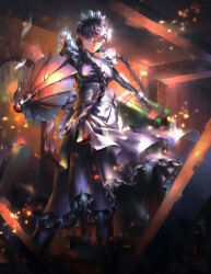 Rule 34 | 1girl, apron, black dress, black hair, black lagoon, braid, dress, gun, highres, holding, holding gun, holding weapon, long hair, looking at viewer, maid, olivier, roberta (black lagoon), round eyewear, solo, twin braids, weapon