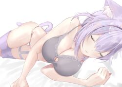 1girl animal_ears bed bra breasts cat_ears cat_girl cat_tail closed_eyes garter_belt highres hololive large_breasts leg_warmers lying messy_hair mochimochi_kemo nekomata_okayu on_side panties pillow purple_hair purple_tail simple_background sleeping tail thigh_gap thighs underwear white_background