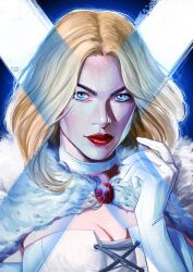 1girl artist_name blonde_hair blue_background blue_eyes breasts cape choker cleavage closed_mouth commentary elbow_gloves emma_frost english_commentary fur-trimmed_cape fur_trim gem gloves hand_up highres jewelry large_breasts leotard lips looking_at_viewer marvel pendant red_gemstone red_lips short_hair solo strapless strapless_leotard two-tone_background uzuri_art v-shaped_eyebrows white_background white_choker white_gloves white_leotard x-men