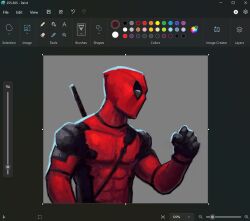 Rule 34 | abs, art program in frame, backlighting, black gloves, bodysuit, christian young, clenched hand, commentary, deadpool, deadpool (series), english commentary, from side, gloves, grey background, hand up, highres, marvel, mask, microsoft paint (medium), microsoft paint (software), pectorals, screencap, shoulder pads, simple background, toned, toned male