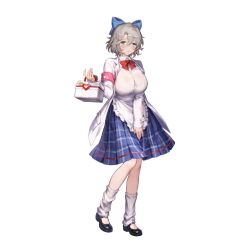 1girl ankle_garter apron armband black_footwear blue_eyes blue_sky blush bow bowtie box bra_visible_through_clothes breasts brown_dust_(series) brown_dust_2 brown_hair checkered_clothes checkered_skirt collared_shirt first_aid_kit full_body hair_between_eyes hair_ribbon hand_on_own_thigh highres holding holding_box jacket knees_together_feet_apart large_breasts large_ribbon looking_at_viewer official_art open_mouth partially_unbuttoned red_bow red_bowtie ribbon school_uniform second-party_source shirt short_hair simple_background skirt sky solo teresse_(brown_dust) waist_apron white_background white_jacket white_shirt