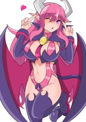 1girl absurdres boots breasts cho_hakudaku demon_girl disgaea high_heel_boots high_heels highres horns large_breasts one_eye_closed pointy_ears red_eyes red_hair simple_background succubus_(disgaea) thigh_boots thighhighs white_background wings wink