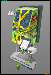 card caution_tape cellphone graffiti grey_background highres object_focus original payphone peter_(peter6409) phone phone_book printer simple_background smartphone vandalism