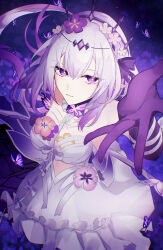1girl absurdres asymmetrical_gloves bare_shoulders black_tiara breasts bug butterfly butterfly_earrings butterfly_ornament castorice_(honkai:_star_rail) dress earrings elbow_gloves floating_hair flower flower_ornament gloves hair_flower hair_ornament highres honkai:_star_rail honkai_(series) insect izanaware_game jewelry legwear_cutout long_hair medium_breasts open_hand outstretched_arm outstretched_hand pointy_ears purple_butterfly purple_eyes purple_flower purple_gloves purple_hair purple_pupils reaching reaching_towards_viewer single_elbow_glove solo tiara uneven_gloves white_dress