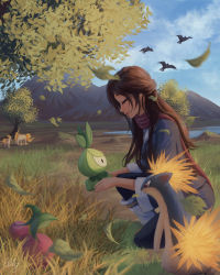 1girl absurdres akari_(pokemon) akari_(pokemon)_(cosplay) artist_self-insert brown_hair character_request cherubi closed_eyes closed_mouth cloud commentary cosplay creatures_(company) day elily english_commentary game_freak gen_1_pokemon gen_2_pokemon gen_4_pokemon gen_5_pokemon hair_pulled_back highres japanese_clothes leaf long_hair mountainous_horizon multiple_others nintendo on_one_knee outdoors petilil pokemon pokemon_(creature) pokemon_legends:_arceus ponyta quilava rapidash red_scarf scarf signature sky smile solo_focus tree