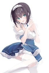 1girl alternate_costume aoi_erika apron black_hair blue_dress breasts cleavage dress enmaided frilled_apron frills heaven_burns_red highres maid maid_apron maid_headdress medium_breasts nujii short_hair solo white_apron