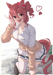 Rule 34 | 1girl, :d, absurdres, animal ears, bow, brown eyes, cardigan, collared shirt, commentary, drill hair, drill sidelocks, ear bow, hair between eyes, highres, horse ears, horse girl, horse tail, kasamatsu tracen school uniform, loafers, looking at viewer, noa 82g, norn ace (umamusume), open mouth, pleated skirt, red bow, red hair, school uniform, shirt, shoes, side drill, sidelocks, single drill, skirt, smile, solo, tail, thighhighs, umamusume, umamusume: cinderella gray, v, white shirt, white skirt, white thighhighs