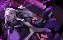 1girl absurdres ahoge armband black_gloves black_halo black_skirt blue_archive breasts coat coat_on_shoulders demon_girl demon_horns demon_wings gloves gun halo highres hina_(blue_archive) horns long_hair looking_at_viewer machine_gun mg42 outdoors purple_eyes red_armband shirt skirt small_breasts solo standing teik0p weapon white_hair white_shirt wings