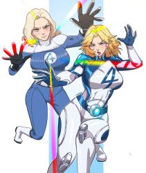 2girls blonde_hair blue_bodysuit blue_eyes blush bodysuit breasts earrings ernez_(jerukperaz) fantastic_four highres jewelry large_breasts long_hair looking_at_viewer marvel marvel_cinematic_universe marvel_rivals multiple_girls smile sue_storm superhero_costume two-tone_bodysuit