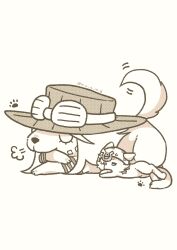 Rule 34 | absurdres, animal focus, animalization, beanie, birthmark, blue eyes, cat, closed eyes, commentary, curly eyebrows, dog, english commentary, goggles, goggles on headwear, gyro zeppeli, hat, highres, horseshoe hat ornament, horseshoe ornament, joestar birthmark, johnny joestar, jojo no kimyou na bouken, m a a m 8, monochrome, no humans, paw print, puff of air, spot color, star (symbol), star print, steel ball run, white background