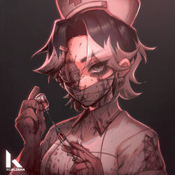 1girl artist_name artist_self-insert backlighting bags_under_eyes bandages black_background black_hair blood blood_on_clothes blood_on_face blood_on_hands breasts brown_gloves collared_shirt colored_tips commentary covered_mouth cross-laced_clothes cross-laced_sleeves curtained_hair earrings english_commentary eyelashes eyepatch flipped_hair gloves grey_eyes hands_up hat holding holding_syringe iku_aldena jewelry lower_eyelashes_only mask mouth_mask multicolored_hair nurse nurse_cap one_eye_covered original parted_bangs shirt short_hair short_sleeves simple_background small_breasts solo syringe tsurime two-tone_hair white_hair white_hat white_shirt