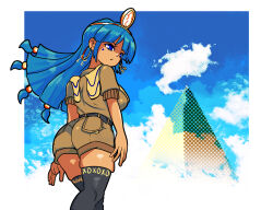 1girl abstract_background ass belt black_belt black_thighhighs blue_eyes blue_hair blue_sky border breasts brown_shirt brown_shorts cloud dark-skinned_female dark_skin earrings facial_mark feet_out_of_frame gold_hairband hair_bobbles hair_ornament hairband highres hoop_earrings jewelry key_earrings large_breasts long_sleeves michigami_nareko pocket pyramid_(structure) shirt short_sleeves shorts sky solo superultra64 thighhighs touhou triangle triangle_facial_mark usekh_collar white_border
