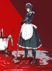 Rule 34 | 1girl, apron, black boots, black hair, blood, boots, idolmaster, idolmaster cinderella girls, idolmaster cinderella girls starlight stage, maid apron, osakana (denpa yun&#039;yun), purple eyes, shirayuki chiyo, short hair, standing