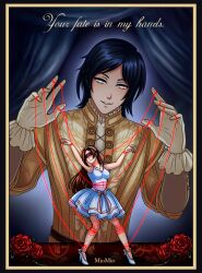 1boy 1girl black_hair blue_hair bound breasts brown_hair doll_joints dress english_text flower gloves hairband high_heels highres joints kamoen long_hair looking_at_viewer moonlight_lovers puppet puppet_strings raphael_(moonlight_lovers) red_flower red_rose rose short_hair smile solo string string_of_fate white_gloves