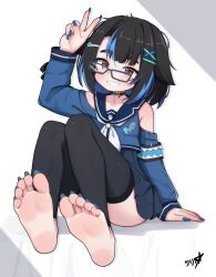 1girl absurdres barefoot black_hair black_thighhighs blue_hair blue_nails boppin brown_eyes choker commission feet foot_focus glasses hair_ornament highres multicolored_hair nail_polish original pixiv_commission sitting skirt soles solo thighhighs toenails toes v