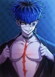 1boy black_hair black_haori blue_background blue_hair chamuchai chin_piercing cracked_skin earrings eye_print eyepatch face_piercing fingernails grey_eyes haori highres japanese_clothes jewelry male_focus multicolored_hair omokage_yugamu opened_by_self piercing print_eyepatch scar sharp_fingernails short_hair simple_background smile solo stitches the_hundred_line_-last_defense_academy- upper_body