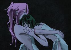2girls alien_stage armlet black_background black_hair commentary english_commentary highres hospital_gown hug jewelry leaning long_hair mizi_(alien_stage) multiple_girls pink_hair ponytail short_hair sua_(alien_stage) xocolatpink