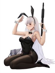 1girl absurdres ak-alfa ak-alfa_(girls&#039;_frontline) alternate_costume animal_ear_hairband animal_ears assault_rifle bag black_bow black_bowtie black_pantyhose black_shoes blush bow bowtie breasts brown_eyes closed_mouth collar commentary commission cozie178 detached_collar english_commentary fake_animal_ears full_body girls&#039;_frontline girls&#039;_frontline_2:_exilium gun hairband high_heels highres holding holding_gun holding_weapon leotard long_hair looking_at_viewer pantyhose playboy_bunny rabbit_ears rifle shoes simple_background sitting solo tololo_(girls&#039;_frontline_2) wariza weapon white_background white_collar white_hair white_wrist_cuffs wrist_cuffs