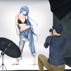 1boy 1girl bae_minah_(chaesu) barefoot black_bra blue_hair blush bra breasts camera chaesu collarbone commentary denim english_commentary eyelashes feet full_body hair_between_eyes heel_up highres holding holding_camera indoors jeans kneeling long_hair medium_breasts navel orange_bra original pants photo_shoot sidelocks toenails toes torn_clothes torn_jeans torn_pants underwear very_long_hair