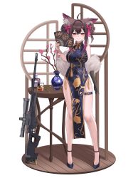 Rule 34 | 1girl, 82jhin, absurdres, ahoge, animal ear fluff, animal ears, bare shoulders, black gloves, black shoes, blue dress, blush, bottle, bow, breasts, brown eyes, brown hair, bullet, china dress, chinese clothes, commentary request, double-parted bangs, double bun, dress, elbow gloves, floral print, floral print dress, folding fan, full body, glass, gloves, gradient hair, gun, hair between eyes, hair bow, hair bun, halterneck, hand fan, heart, heart-shaped pupils, highres, holding, holding fan, large breasts, looking at viewer, medium hair, multicolored hair, original, parted lips, pelvic curtain, pink bow, pink hair, print dress, rifle, shoes, simple background, single elbow glove, sleeveless, sleeveless dress, smile, solo, symbol-shaped pupils, table, thigh strap, two-tone dress, vase, weapon, white background, yellow dress