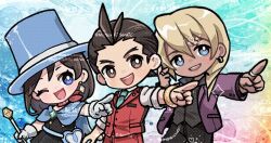 1girl 2boys ace_attorney antenna_hair apollo_justice apollo_justice:_ace_attorney aqua_necktie black_dress black_pants blonde_hair blue_cape blue_eyes blue_hat bracelet bright_pupils brown_hair cane cape chibi collared_shirt commentary dress earrings gloves gold_bracelet grey_shirt hat holding holding_cane jacket jewelry klavier_gavin lapel_pin medium_hair multiple_boys necktie one_eye_closed open_clothes open_jacket outstretched_arm pants pointing purple_jacket red_pants red_scarf red_vest ring scarf senki_xl shirt short_hair single_earring smile symbol-only_commentary top_hat trucy_wright vest white_gloves white_pupils