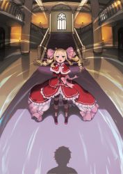 Rule 34 | 1girl, :d, age difference, beatrice (re:zero), blonde hair, blue eyes, capelet, commentary request, dress, drill hair, fur-trimmed capelet, fur trim, highres, indoors, kotarou (kotakota ee), long hair, looking at viewer, natsuki subaru, open mouth, pantyhose, parted bangs, re:zero kara hajimeru isekai seikatsu, red capelet, red dress, shoes, sidelocks, smile, stairs, standing, striped clothes, striped pantyhose, symbol-shaped pupils, teenage boy and younger girl, twin drills, twintails