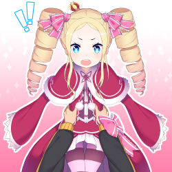 ! !! &gt;:o 10s 1boy 1girl :o beatrice_(re:zero) blonde_hair blue_eyes blush capelet carrying crown dress embarrassed forehead fur_trim gradient_background hair_ribbon highres jacket lifting_person long_hair long_sleeves looking_at_viewer mini_crown natsuki_subaru nose_blush open_mouth pantyhose pink_background pink_ribbon pov re:zero_kara_hajimeru_isekai_seikatsu red_dress ribbon ringlets sidelocks solo_focus striped_clothes striped_legwear striped_pantyhose symbol-shaped_pupils teeth the_cold track_jacket twintails v-shaped_eyebrows