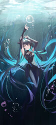 1girl absurdres aqua_hair arms_up black_bodysuit bodysuit breasts bubble cleavage colored_inner_hair covered_navel freediving goddess_of_victory:_nikke hair_intakes highres little_mermaid_(nikke) long_hair multicolored_hair see-through_cleavage see-through_clothes solo sukaliya thighs underwater yellow_eyes