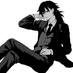Rule 34 | 1boy, black hair, black jacket, black necktie, black pants, collared shirt, crossed arms, feet out of frame, formal clothes, hair between eyes, head on hand, jacket, kimetsu no yaiba, long hair, looking at viewer, low ponytail, male focus, necktie, pants, pinstripe pattern, pinstripe vest, ponytail, shirt, sinba (ying-hua), sitting, solo, suit jacket, tomioka giyuu, vest, waistcoat, white background, white shirt