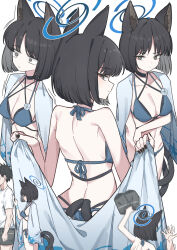 1boy 1girl absurdres animal_ears bikini black_choker black_eyes black_hair black_nails blue_archive blue_bikini cat_ears cat_girl cat_tail choker grey_shorts haori highres japanese_clothes kikyou_(blue_archive) kikyou_(swimsuit)_(blue_archive) looking_at_another looking_at_viewer mibashi_(hash1_bam1) multiple_tails official_alternate_costume shirt short_hair shorts smile swimsuit tail two_tails very_short_hair white_haori white_shirt