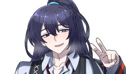 1boy aqua_eyes black_coat black_eyes black_hair black_vest coat collared_shirt commentary half_updo hand_up heterochromia highres hong_lu_(project_moon) limbus_company long_hair necktie open_mouth project_moon red_necktie shirt simple_background smile solo v very_long_hair vest white_background white_shirt yagidon