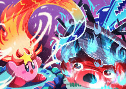 Rule 34 | absurdres, blue fire, blush stickers, colored skin, copy ability, dragon, fire, fire kirby, giant flotzo, highres, kirby, kirby&#039;s return to dream land, kirby (series), monster flame kirby, nintendo, no humans, open mouth, pink skin, shipwreck, star (symbol), tentacles, watawata22