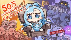 Rule 34 | 6+girls, :3, absurdres, anya melfissa, ayunda risu, blue eyes, blue hair, chibi, highres, hololive, hololive english, hololive indonesia, jacket, kaela kovalskia, kobo kanaeru, kureiji ollie, long hair, moona hoshinova, multiple girls, open mouth, sitting, sitting on throne, slime (creature), solo focus, super ramachi, takanashi kiara, throne, vestia zeta, virtual youtuber, white jacket