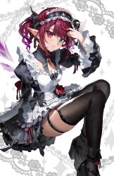 Rule 34 | 1girl, absurdres, adjusting hair, apron, black bow, black dress, black shoes, black thighhighs, blue eyes, blunt bangs, bow, breasts, chest bow, commentary, cross-shaped pupils, crystal wings, curly hair, detached collar, detached wings, dress, earrings, flower, foot out of frame, frilled apron, frilled dress, frills, hair ornament, hair ribbon, hairband, heterochromia, highres, hololive, hololive english, horns, irys (hololive), irys (maid) (hololive), jewelry, juliet sleeves, knees up, lace, lace-trimmed collar, lace thighhighs, lace trim, layered sleeves, light blush, lolita hairband, long sleeves, looking at viewer, maid, maid apron, meltyrice, multicolored hair, official alternate costume, official alternate hairstyle, platform heels, pointy ears, puffy sleeves, puritan collar, purple eyes, purple hair, red flower, red hair, red rose, ribbon, rose, shoes, sidelocks, sleeve belt, smile, solo, streaked hair, symbol-shaped pupils, thigh strap, thighhighs, twintails, virtual youtuber, waist bow, white apron, wings