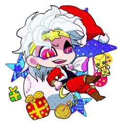 1boy alternate_costume boots box brown_boots chibi christmas_present dio_brando earrings eyelashes eyeshadow floating_hair full_body gift gift_box half-closed_eye hat headband holding holding_sack hoop_earrings ichirinhna jacket jewelry jojo_no_kimyou_na_bouken makeup male_focus medium_hair pale_skin pants pocket_watch red_eyes red_jacket red_pants sack santa_costume santa_hat slit_pupils smirk solo_focus stand_(jojo) the_world watch white_hair yellow_headband yellow_pupils